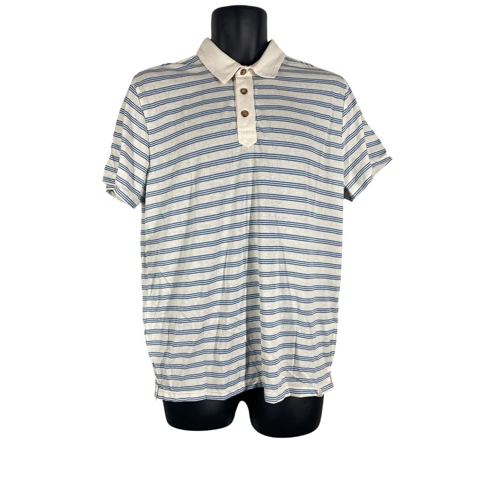 Marine Layer Mens Re-Spun Polo in Multi Stripe Blue White Short Sleeve‎ Large?